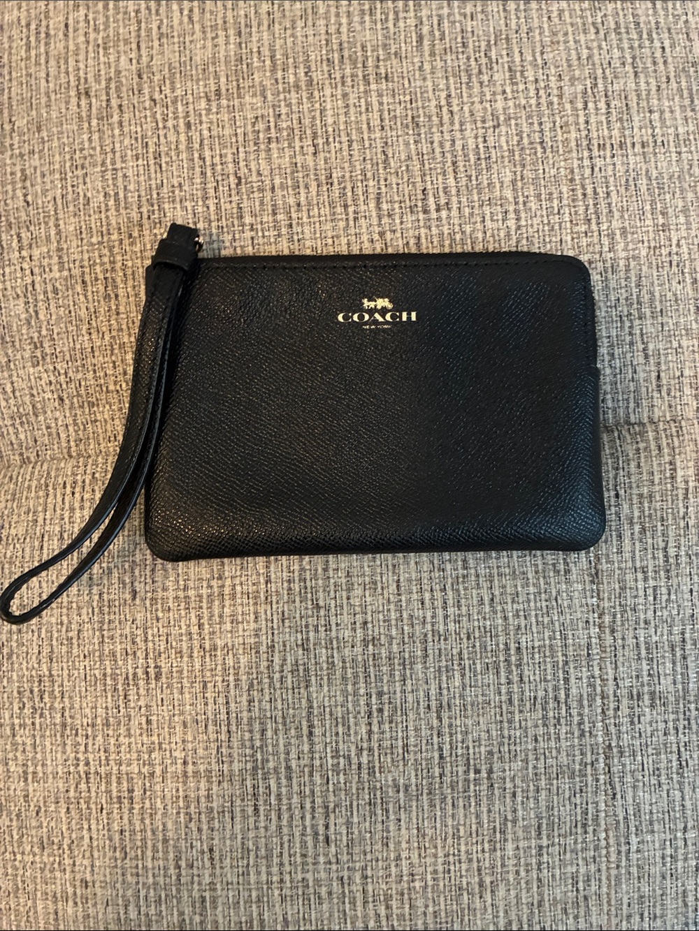 Coach Black Pebbled Leather Wristlet with Gold Logo